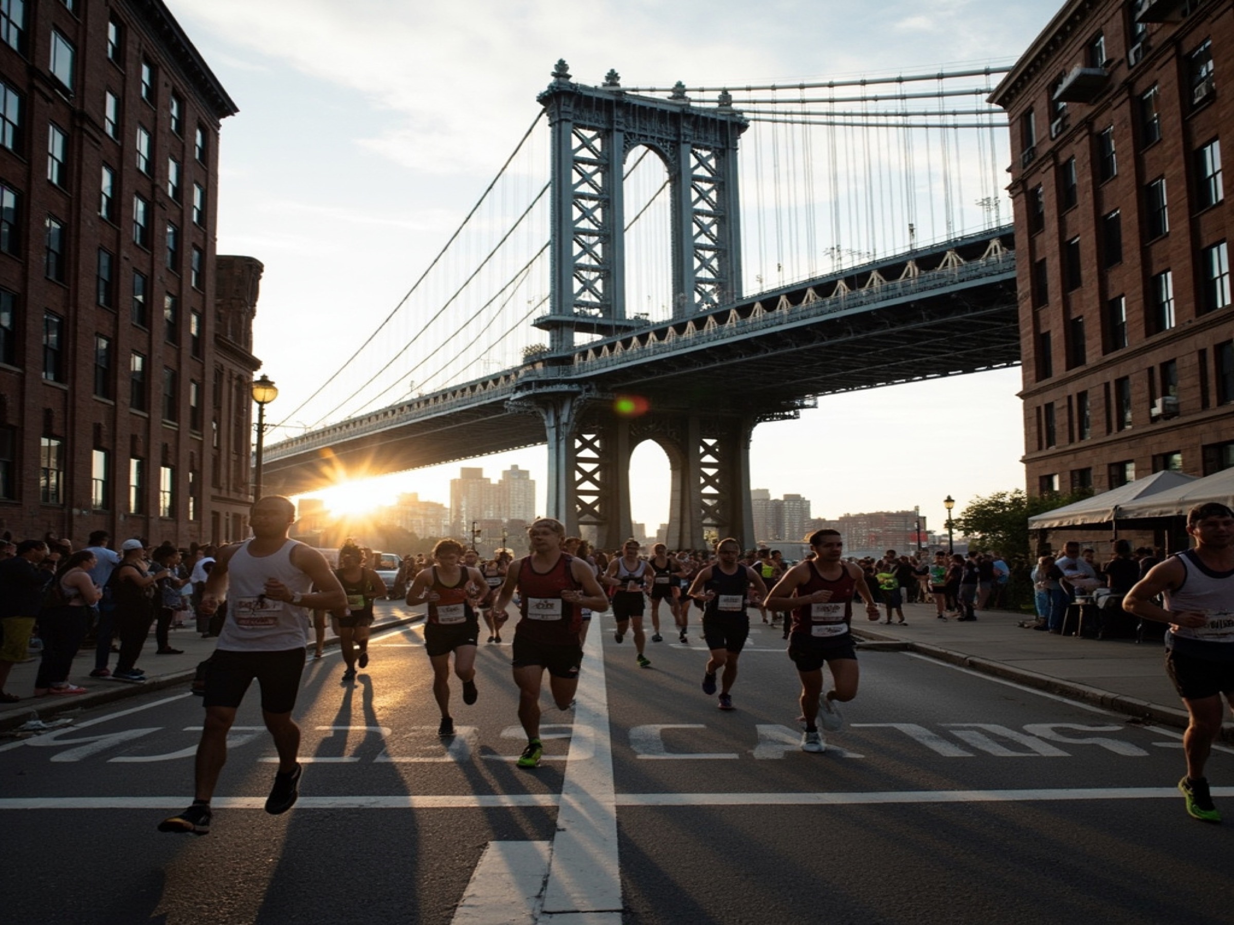 Illustrated New York City half marathon race-week artwork with bridge shapes and warm event lights.