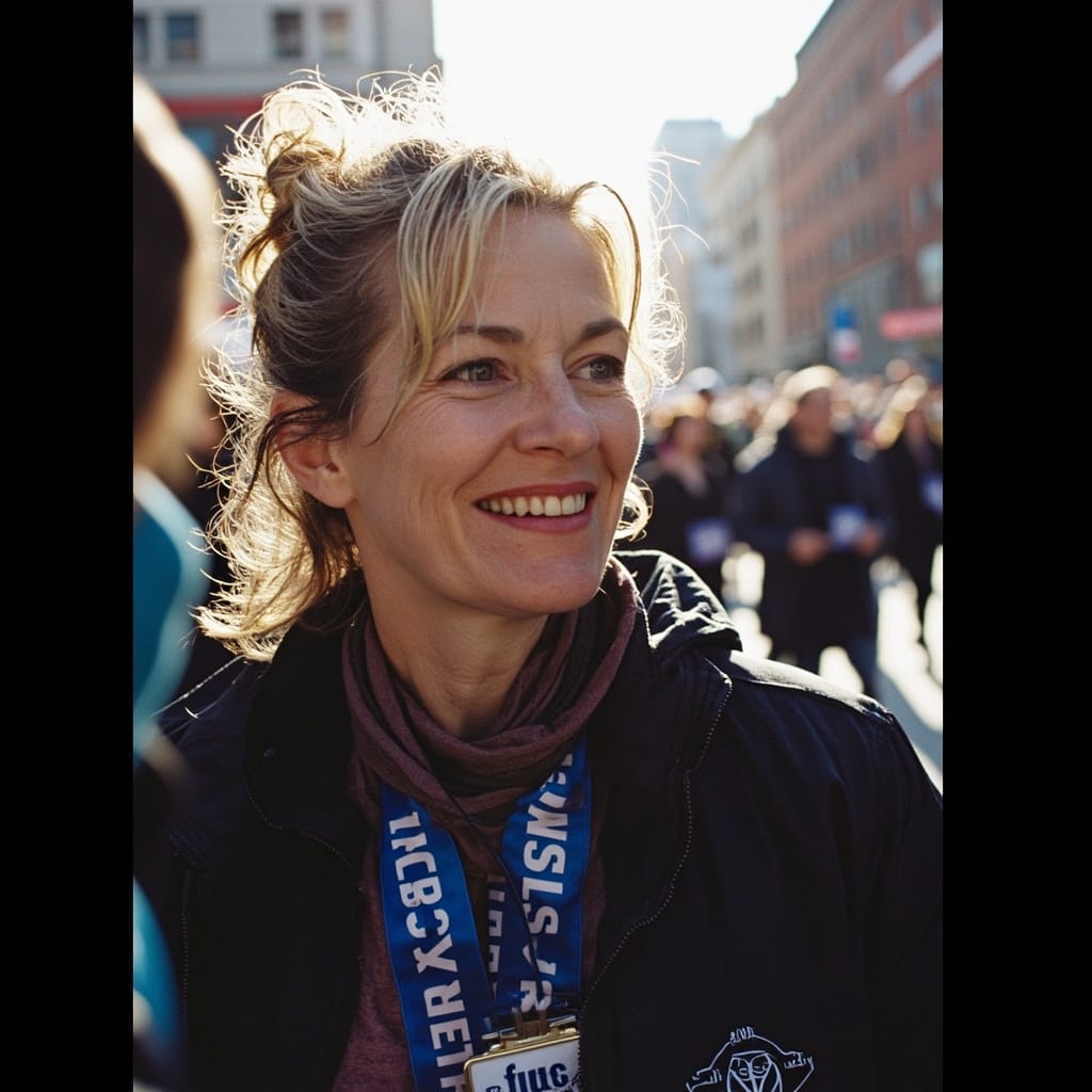 Amy Johnson at the Boston Marathon finish line, medal around her neck, smiling after completing her first Boston at age 52.