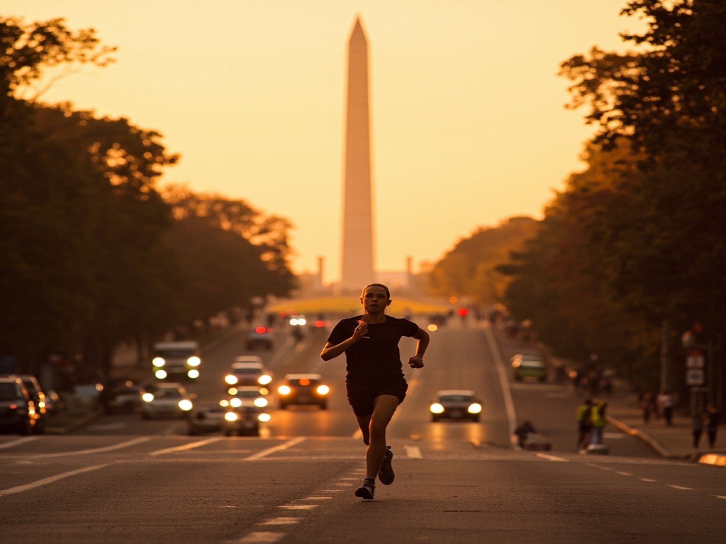 Illustrated Washington, DC running scene featuring monuments and an early-morning city route.