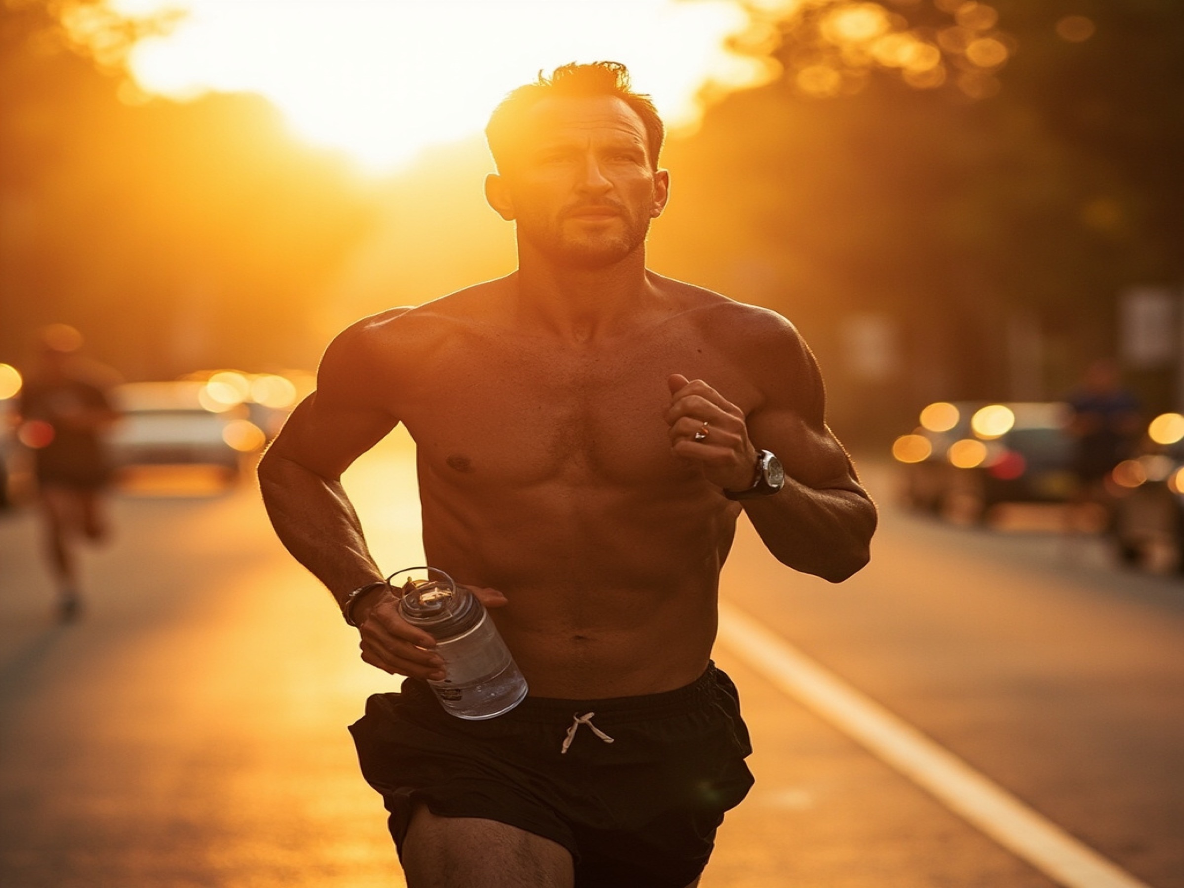 Illustrated hot-weather running scene with sun, water bottle, and orange-tinted skyline.