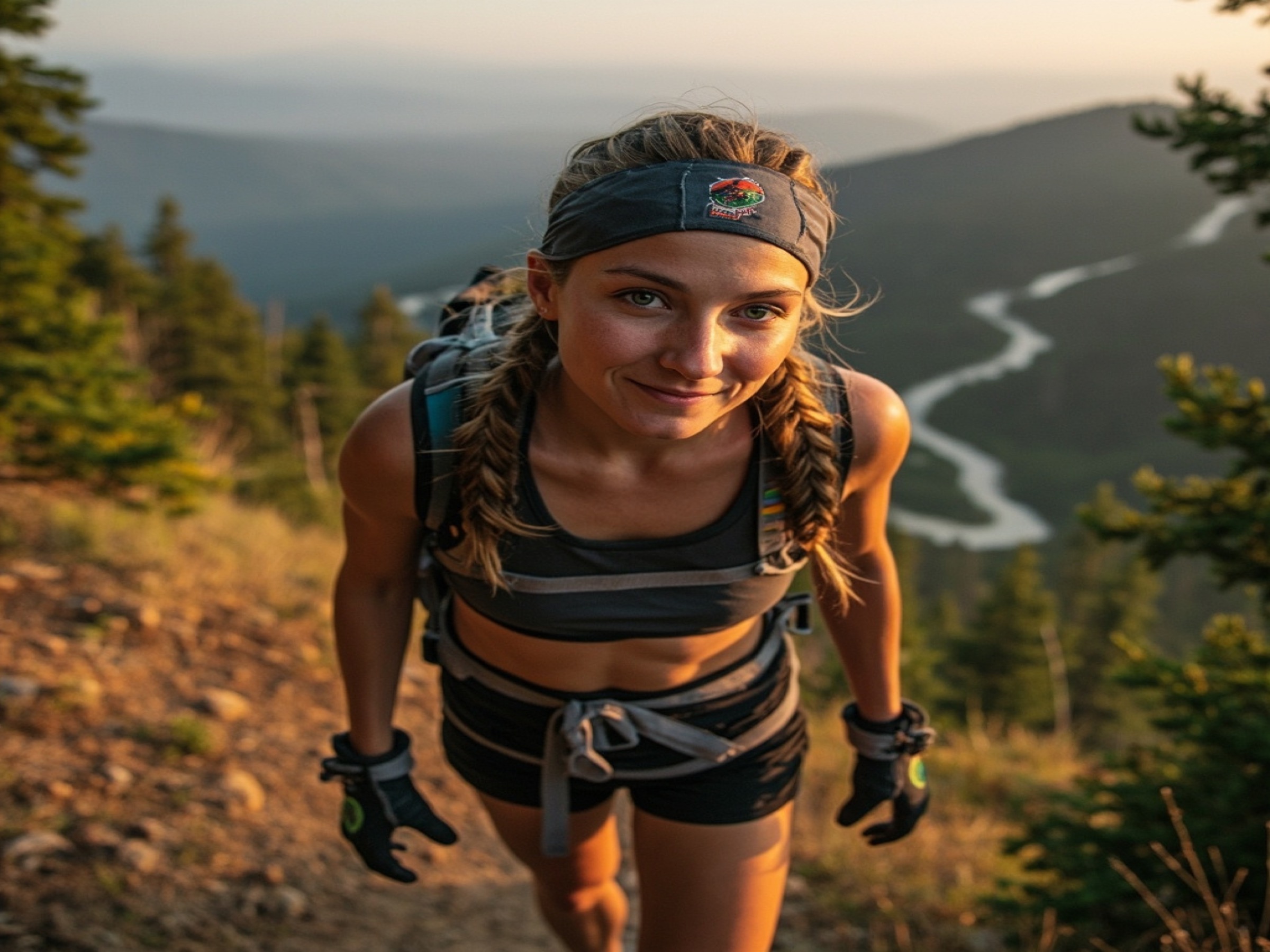 Illustrated mountain trail scene with a runner moving through pine-lined switchbacks.